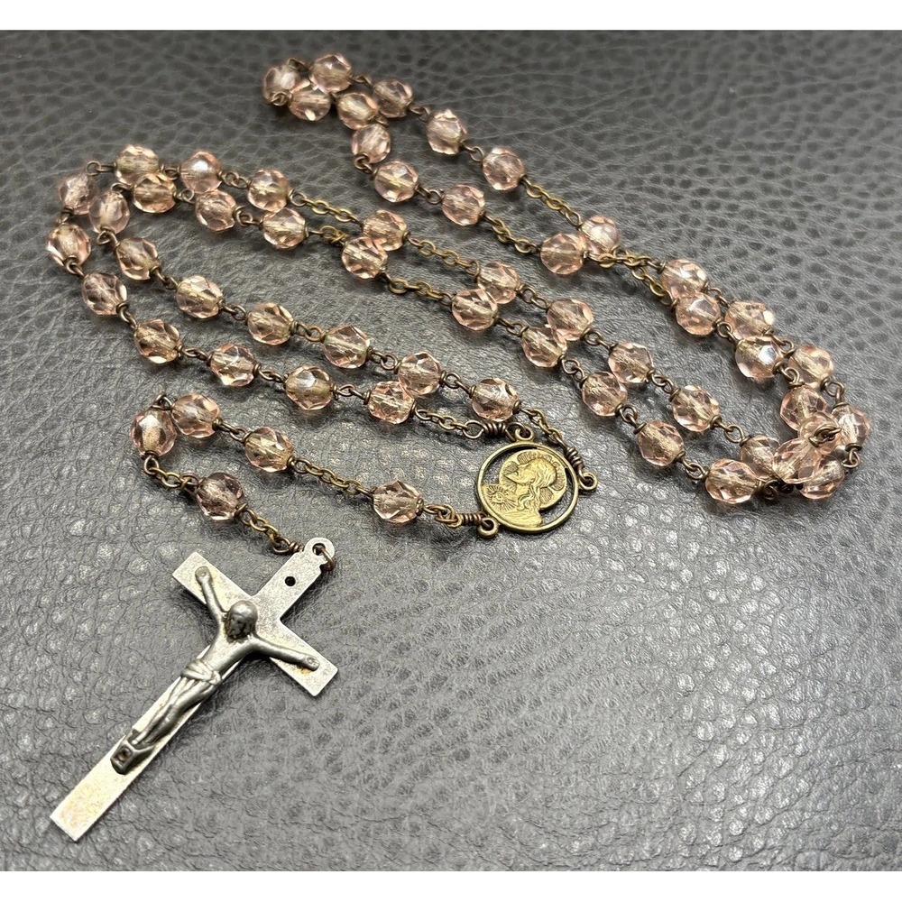Vintage Faceted Crystal Light Pink Beads Silver Cross Brass Tone Rosary Catholic